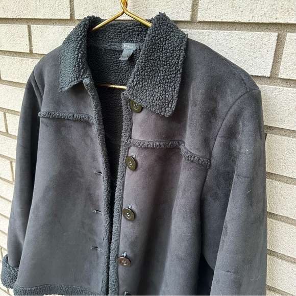 Kiko Faux Suede Sherpa Lined Black Jacket Cozy Soft Fleece Button Front Medium - Picture 3 of 9